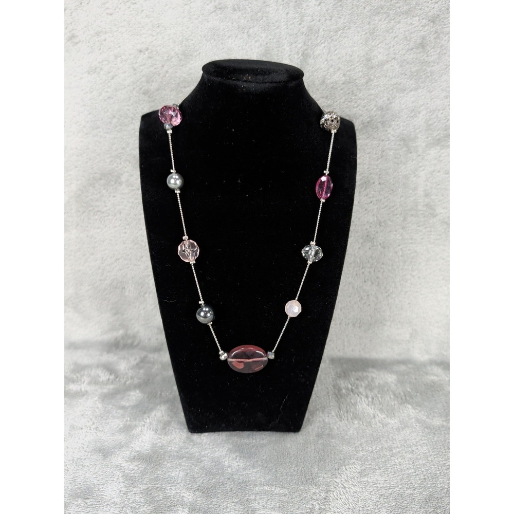 Bohemian Style Pink White Beaded Necklace Long Silvertone